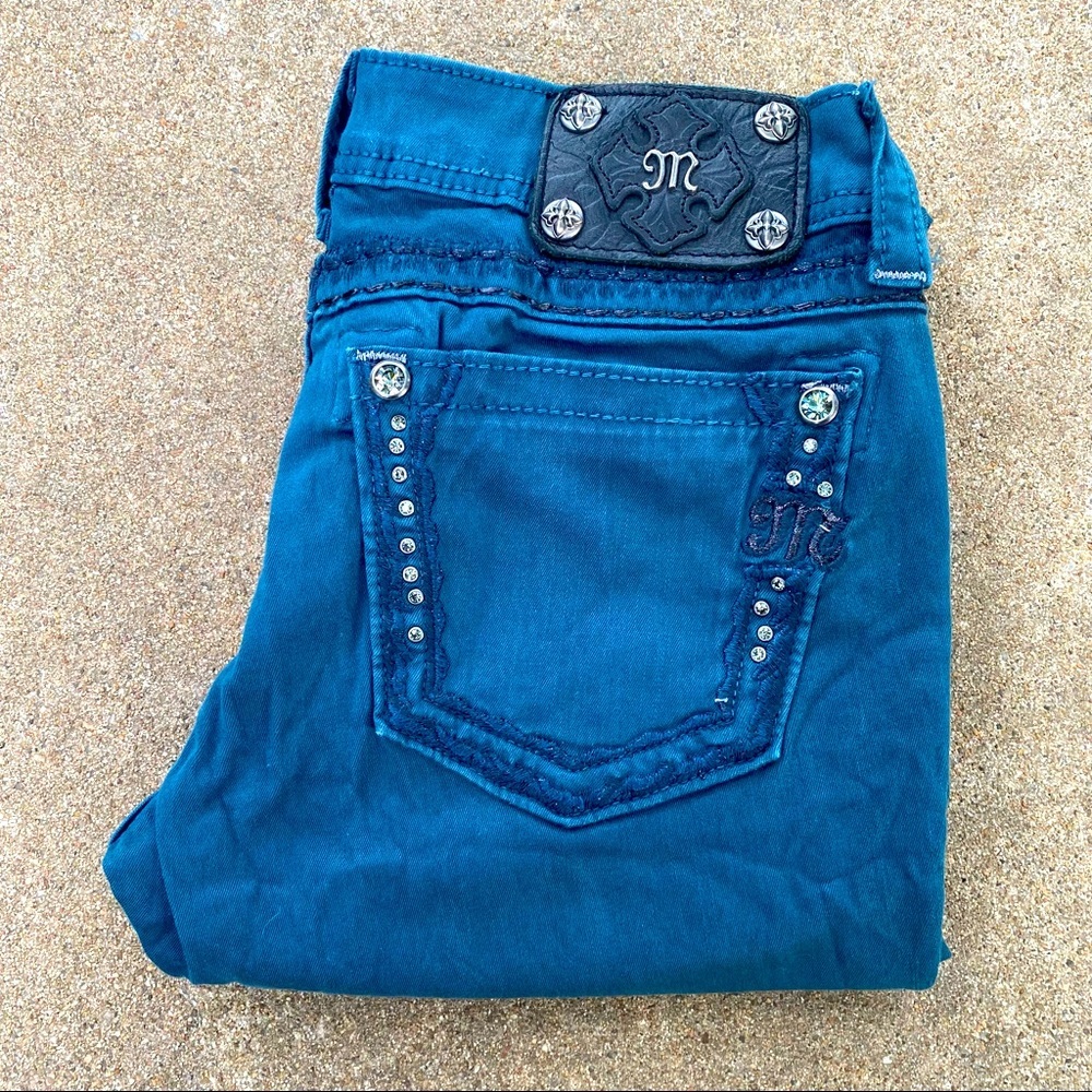 Miss Me | Green & Black Skinny Jeans Distressed Embroidered Rhinestone Denim 28